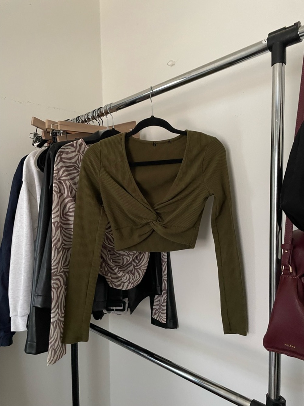 3/$15 Olive Twist-Front Long Sleeve Crop Top